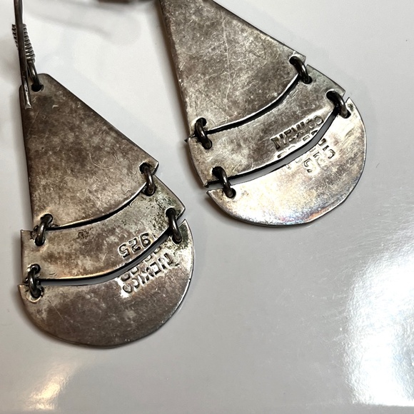 Vintage Abalone Earrings 925 Sterling Silver Mexico Taxco Onyx Dangle Teardrop - Picture 4 of 9